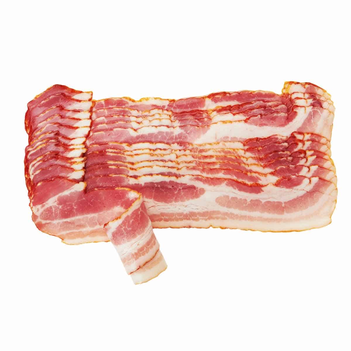 A pound of uncooked bacon strips.