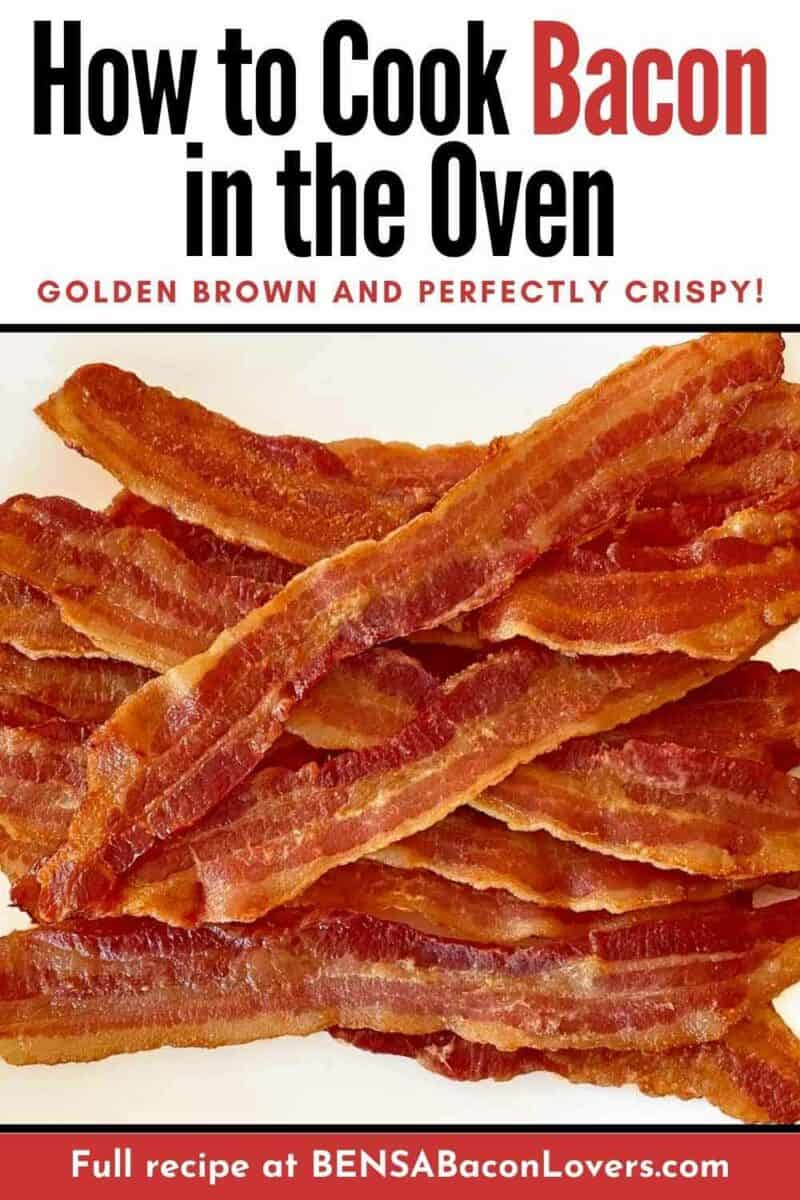 A pile of golden brown oven baked bacon on a white plate.