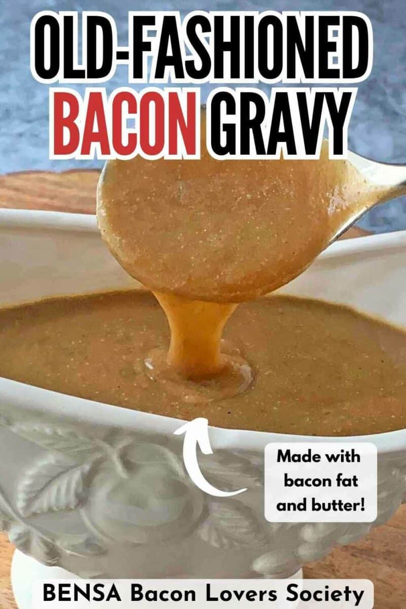 Bacon gravy in a gravy boat and a silver spoon.