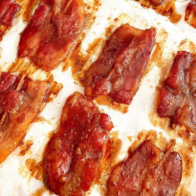 Baked bacon pieces covered with a candied glaze.