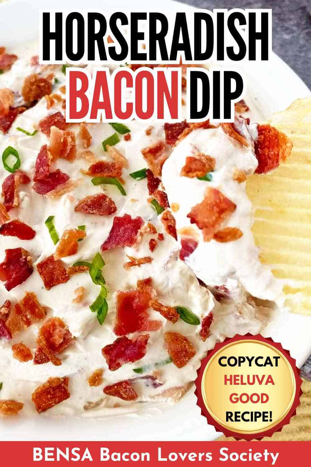A potato chip being dipped into bacon horseradish dip.