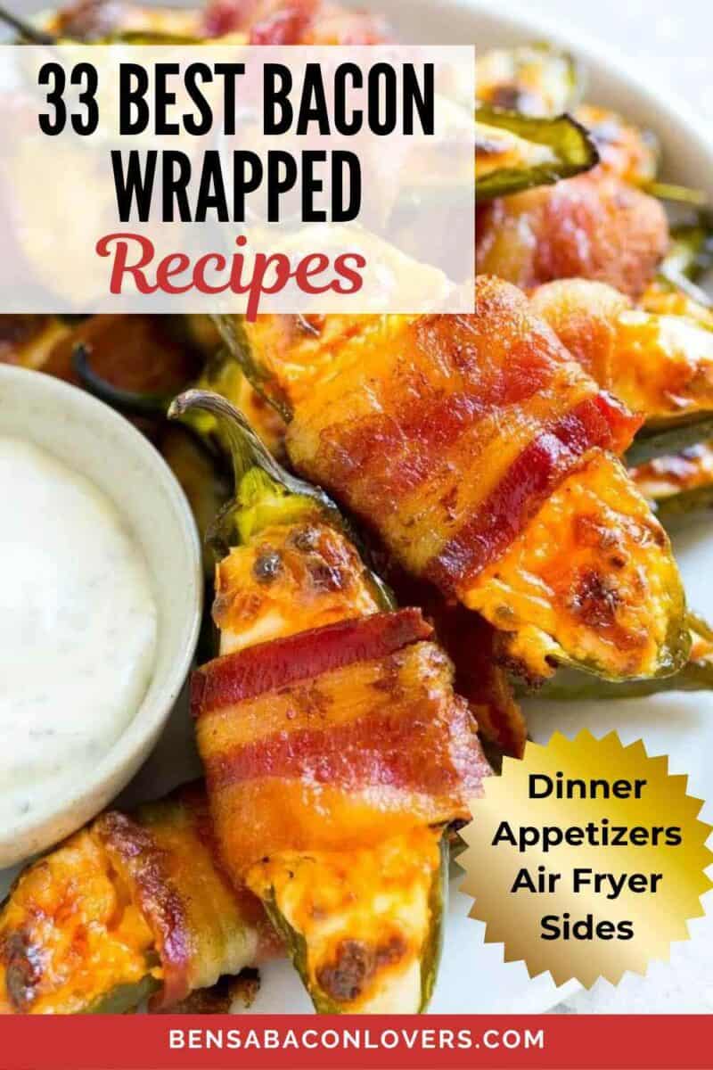 Bacon wrapped jalapeno poppers with dipping sauce.