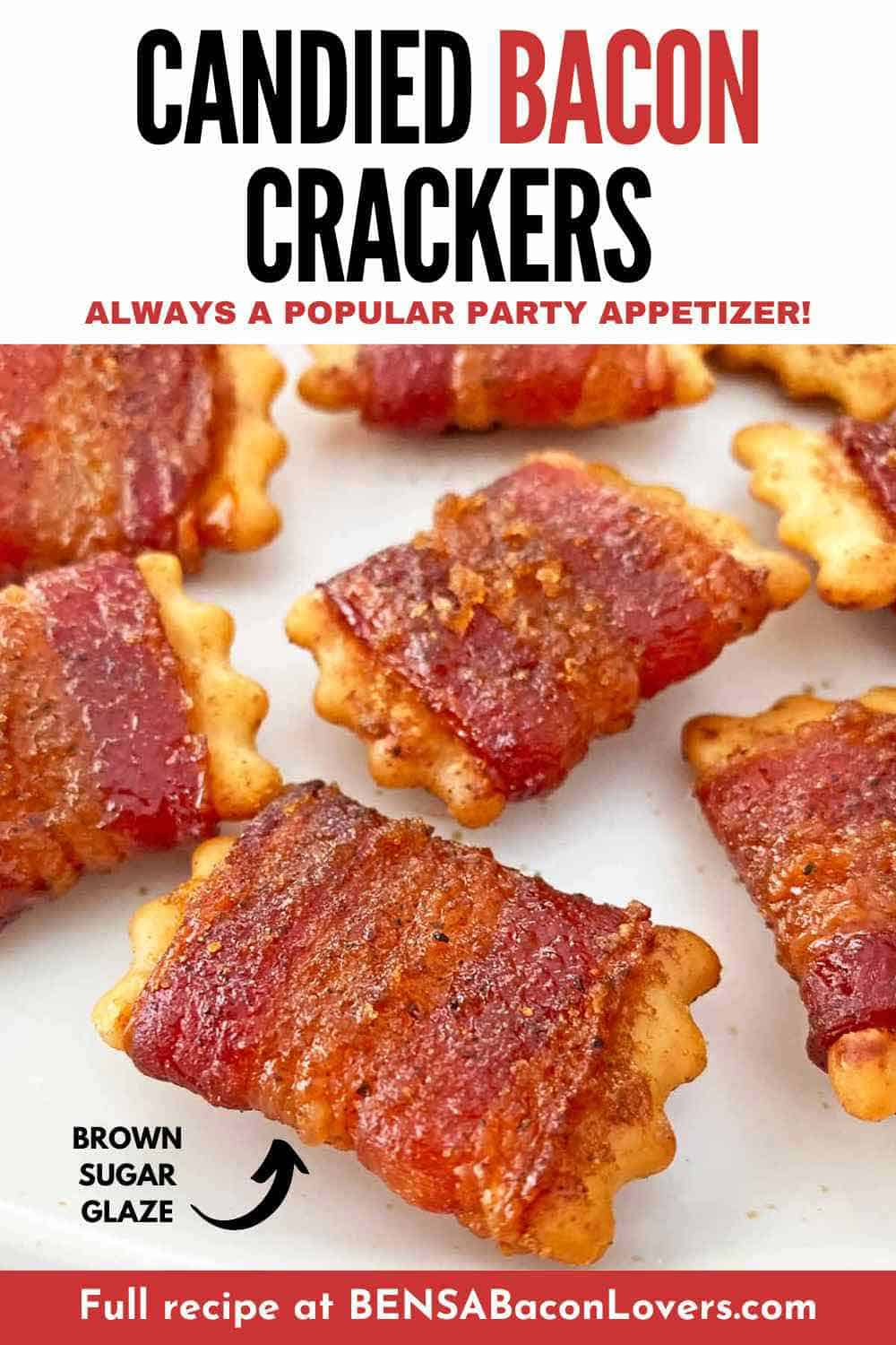 Ten candied bacon crackers ready to serve as party appetizers.