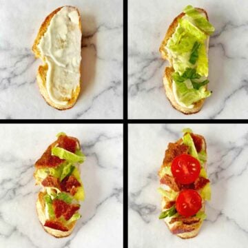 A collage adding mayo, lettuce, bacon and tomatoes to build the crostini.